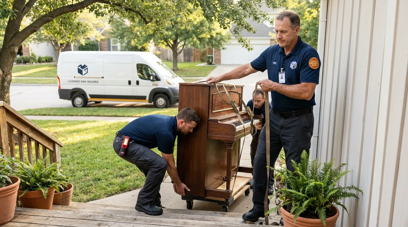 Licensed piano movers securing grand piano in Louisa, KY