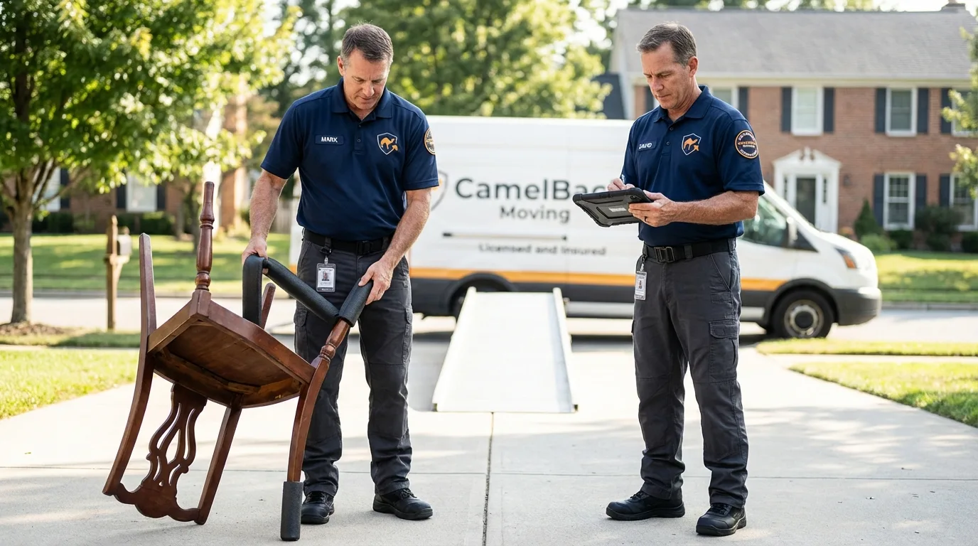 Movers inspecting furniture for damage prevention before loading in Louisa, KY
